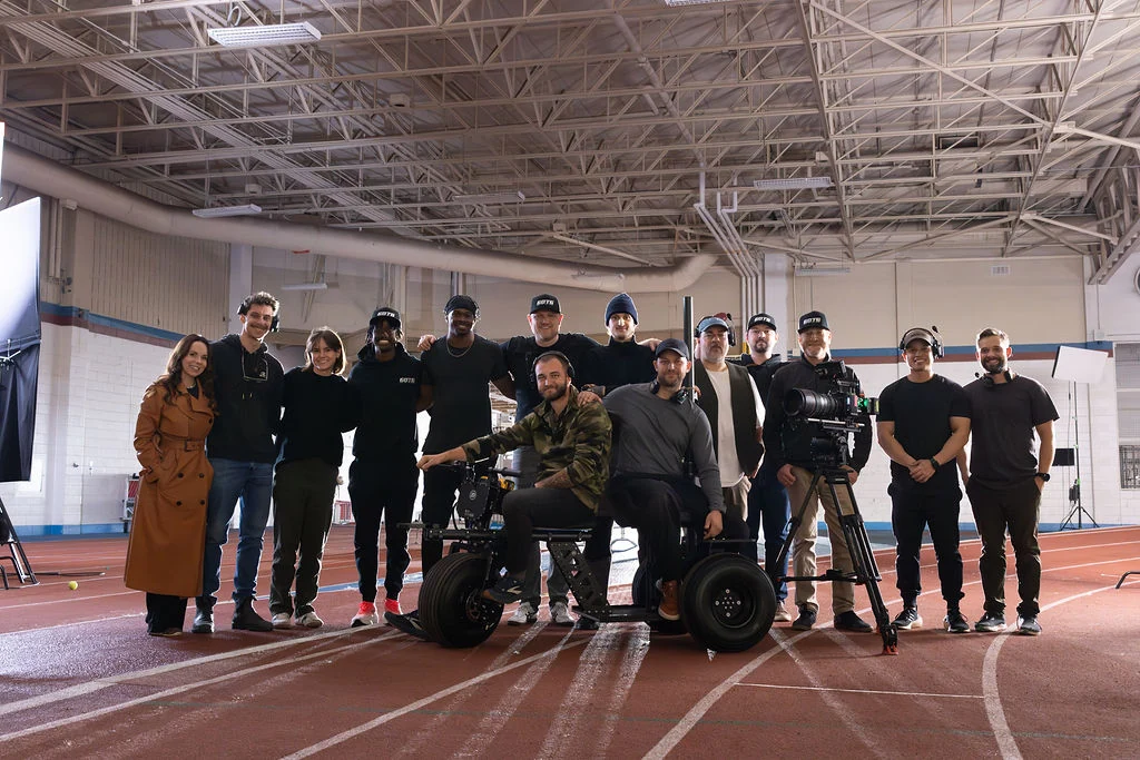 Gift of the Game crew gathered with the camera rig on the Aaron Brown production