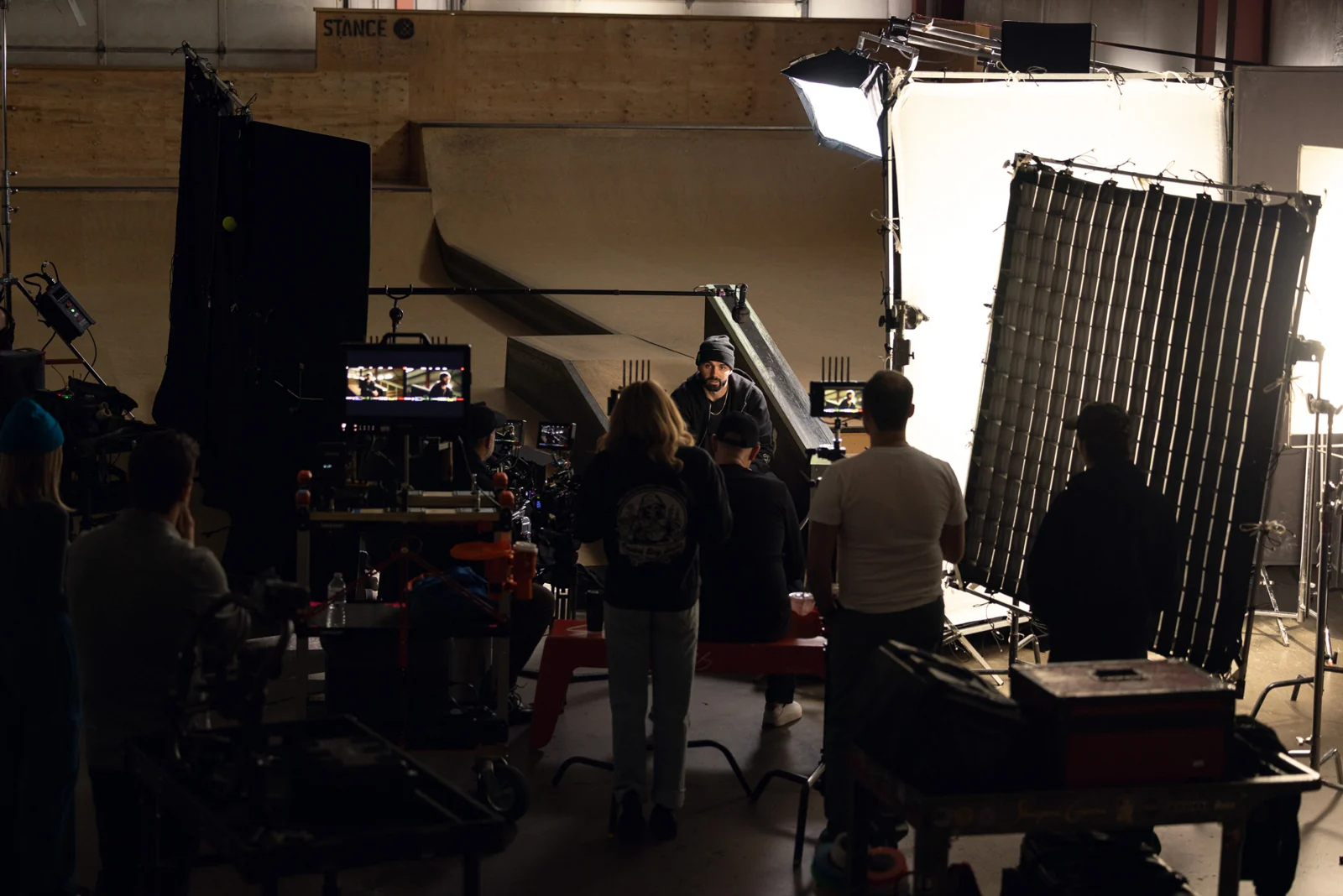NewPath production crew, cinema cameras and large lighting setup on the Gift of the Game skateboarding set